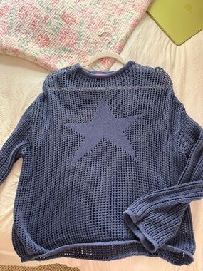 Edikted Navy Blue Waffle Knit Star Crewneck Sweater